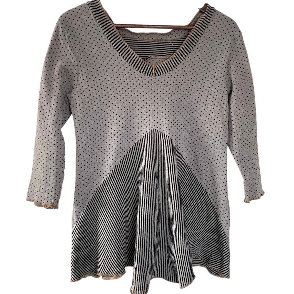 Noblu Tunic Top Small S Gray Black Mix Print Polka Dot Striped Art to Wear Shirt